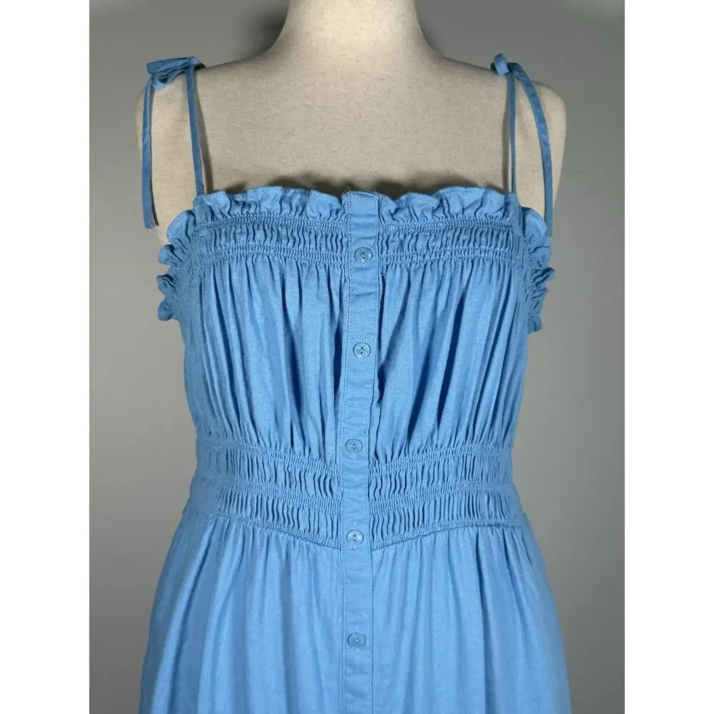 Blue Smocked Midi Dress Faux Button Front Linen Blend Boho Coastal Minimalist XL - Picture 3 of 15